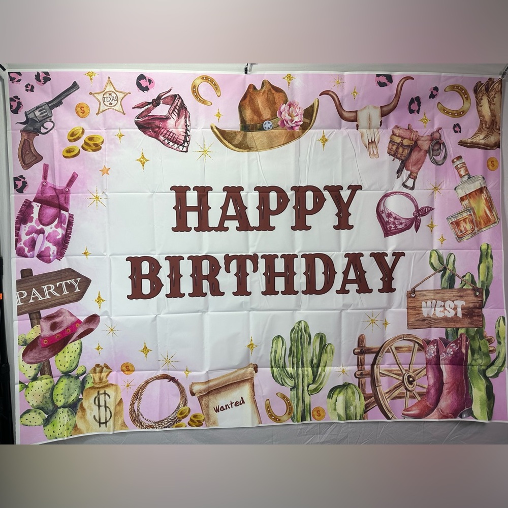 Western Cowgirl Happy Birthday Backdrop Banner 7x5Ft.